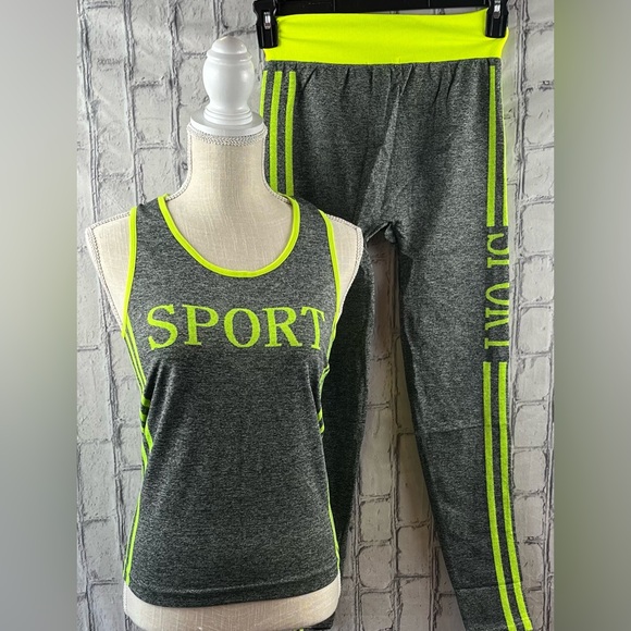 F&F Size: One Size Sport Workout Set Sleeveless Top/Leggings Gray/Neon - Picture 3 of 11